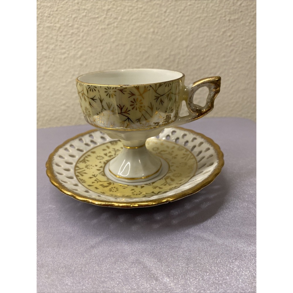 JAPAN Yellow Enesco Tea Cup and Saucer Lustre Yellow Gold Pedestal Mid Century